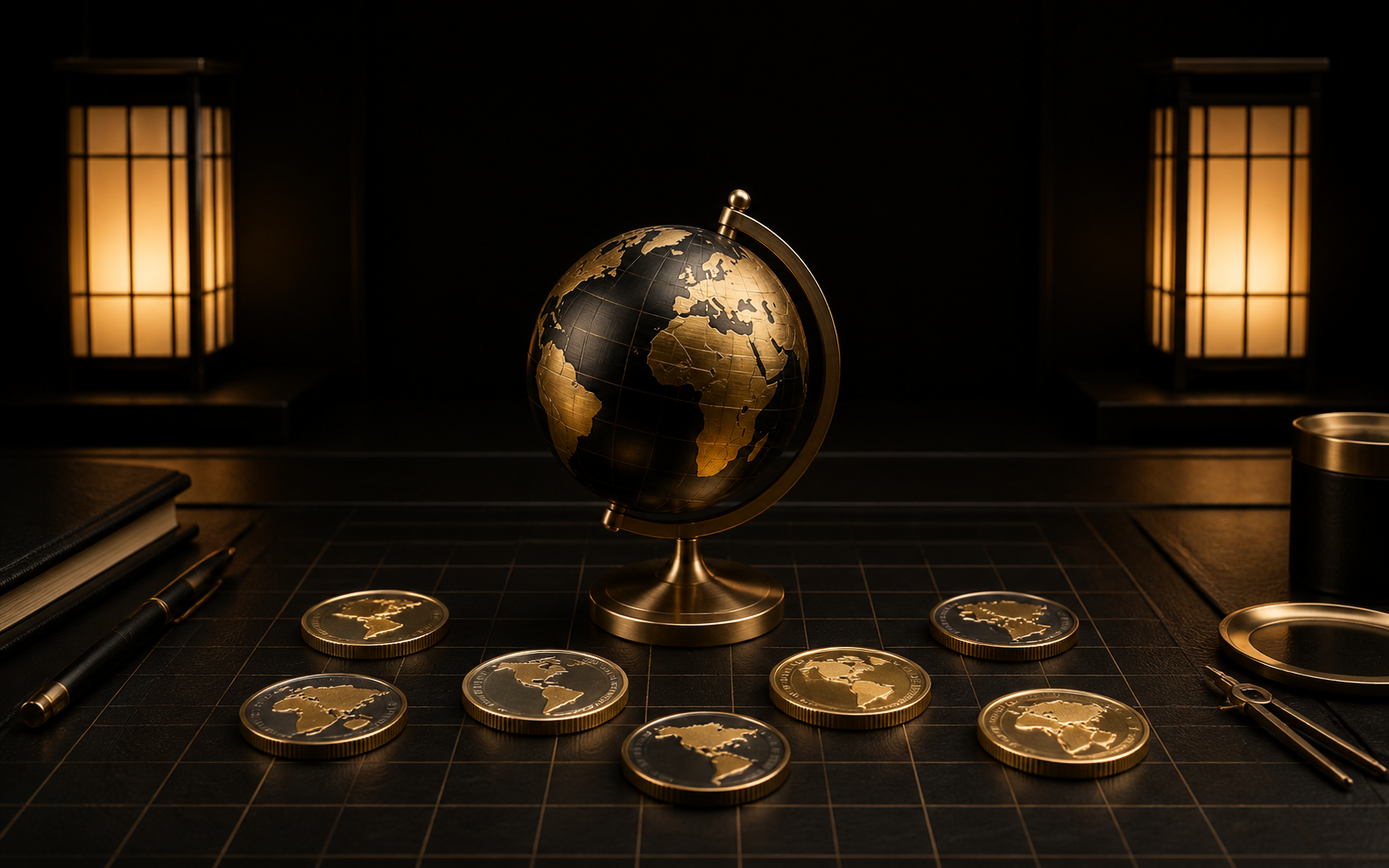Gold globe and market-session instruments representing forex foundations and market mechanics