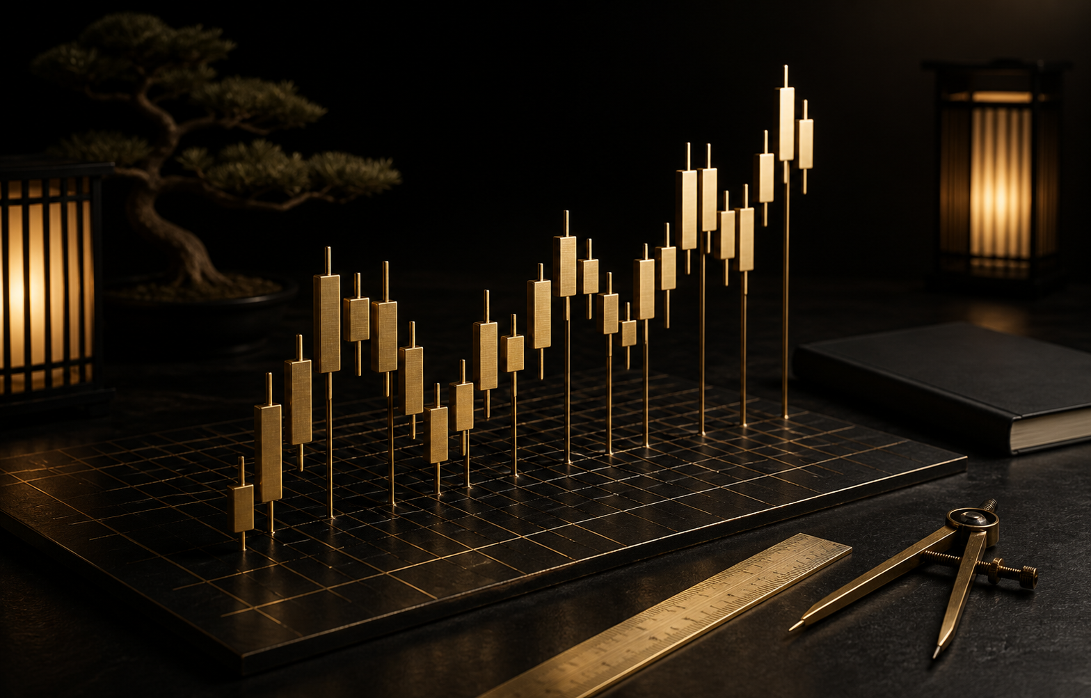 A physical gold candlestick chart with precision drawing tools for technical analysis and price action