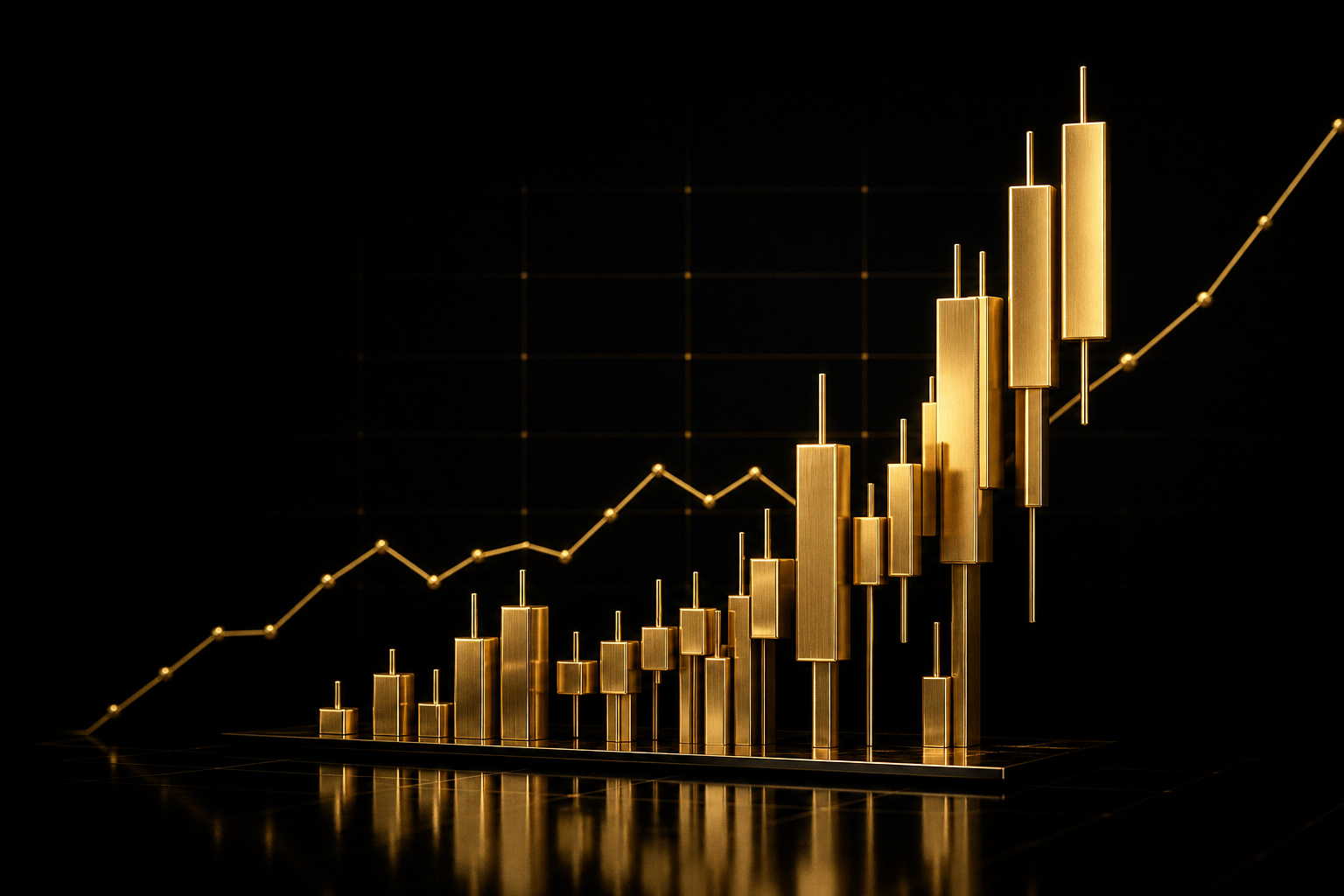 Gold candlestick chart study on a black market grid