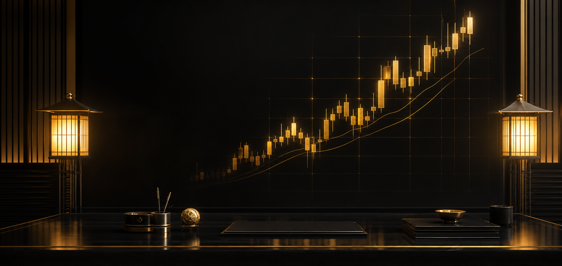 Zenith Academy trading room with gold candlestick charts and Japanese lanterns